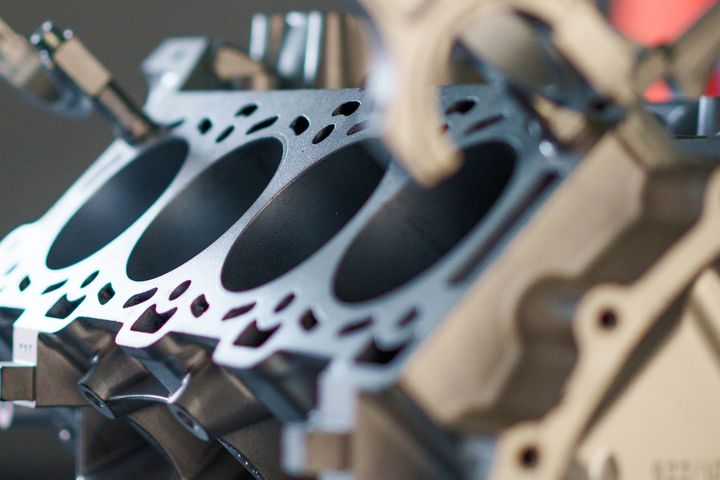 Engine block with a machined deck and visible cylinder bores